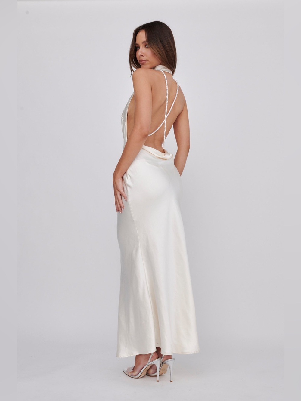 Selfie Leslie One and Only Oyster Satin Pearl Back Halter Maxi Dress Size M